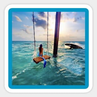 Mermaid on a Swing in the Ocean with Whale Breaching Sticker